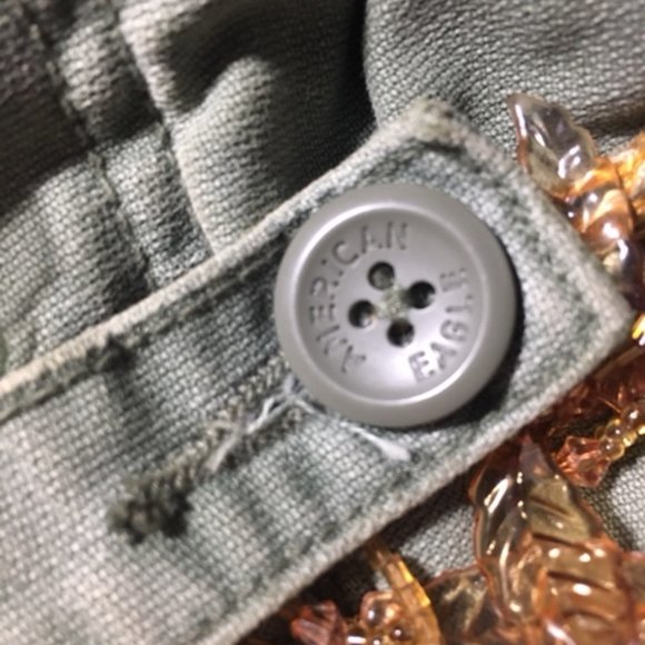 American Eagle Jean Fabric Olive Green Beads Lace Flowers Shoulder Bag Tote - Picture 12 of 16